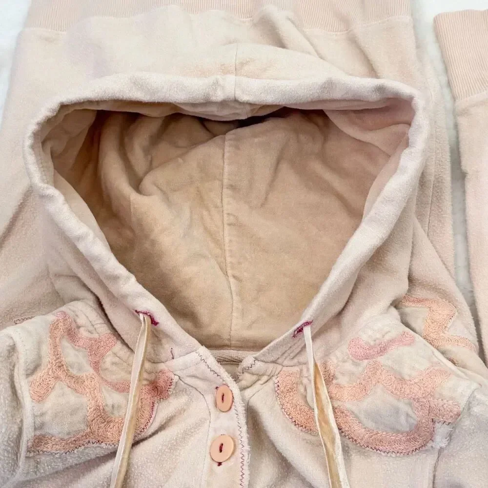 Free People Peach Floral Embroidered Pull-Over Hoodie Velvet Accents Medium Weig